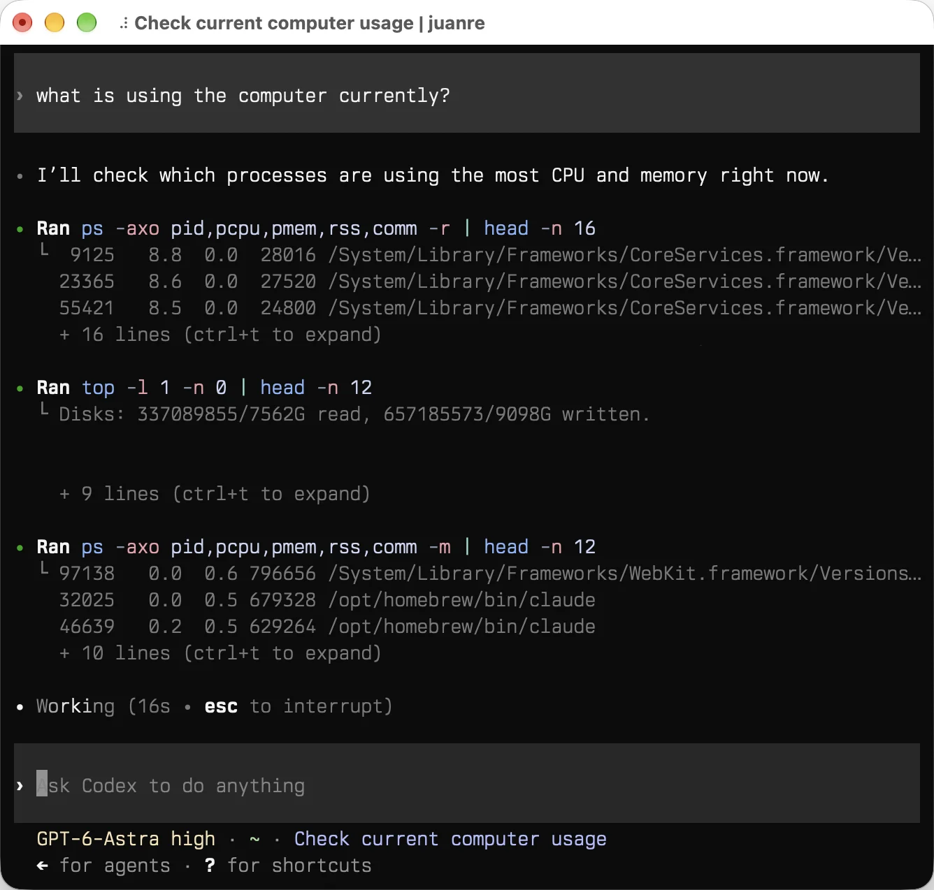 A Codex agent session in a terminal window: a human asked what programs are using the computer's CPU currently, the agent says it will check it, then runs ps and top on the Mac and shows their output.